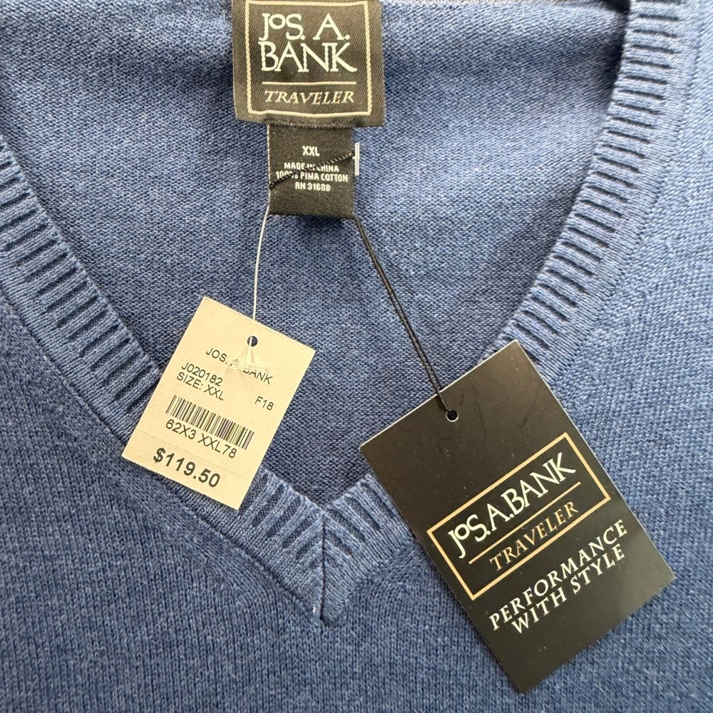 Jos. A. Bank Traveler V-Neck Sweater Mens XXL Blue Pima Cotton NWT 2X Old Money - Picture 4 of 8